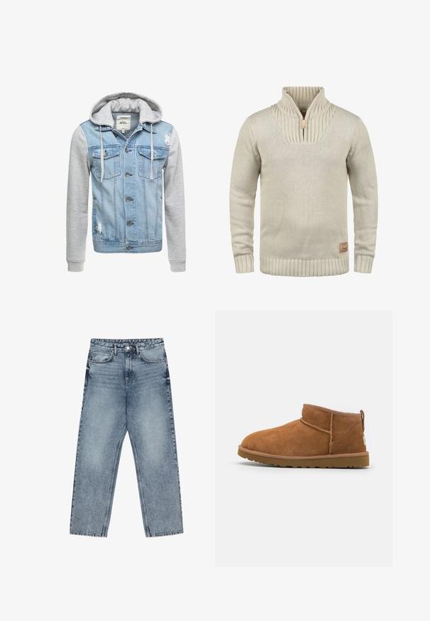 Denim jacket with a light blue body, gray long sleeves, and a hood. Features front buttons and two chest pockets with distressed detail.; Beige knit sweater with a half-zip collar, ribbed cuffs and hem. Features textured pattern on the collar and a small logo patch.; Light blue denim jeans with a straight leg cut, visible stitching, five pocket design, and a button closure at the waist.; Tan suede ankle boot with a rounded toe, subtle stitching details, and a textured rubber sole. Short height without laces.