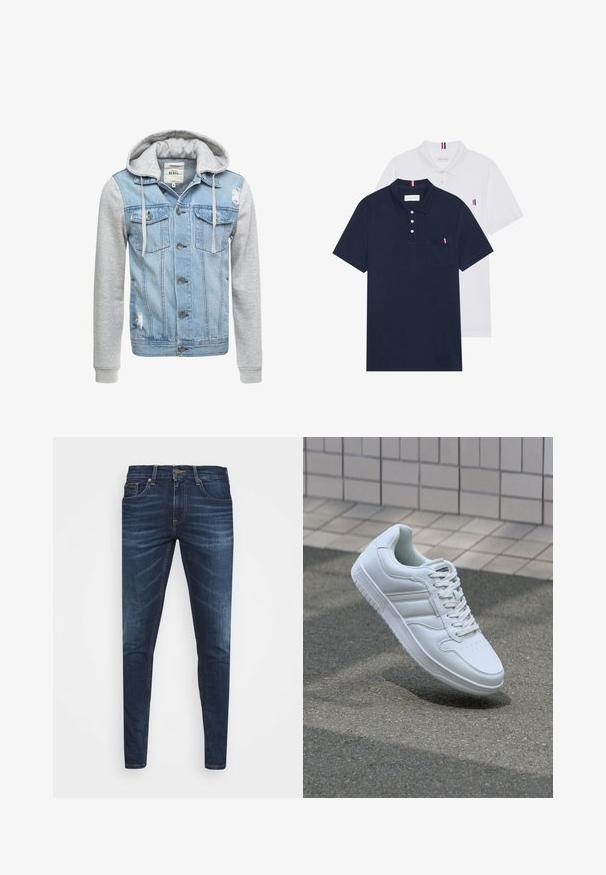 Denimjakke med en lys blå krop, grå lange ærmer og hætte. Har frontknapper og to brystlommer med slidte detaljer.; To polo skjorter: en marineblå og en hvid, begge med en lille rød, hvid og blå detalje på brystlommen og kraven.; Mørkeblå denim jeans med slim fit, subtil falming, fem lommer og metalknaplukning. Syede detaljer i kontrastfarve.; Hvide atletiske sneakers med glat læderoverdel, snørelukning foran, perforeret tå og mønstret sål. Minimalistisk design med tre sidelister.