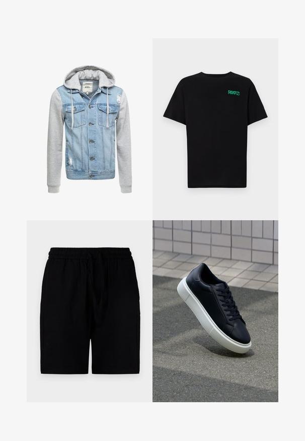 Jeansjacka med en ljusblå kropp, grå långa ärmar och huva. Har framsidan med knappar och två bröstfickor med sliten detalj.; Svart t-shirt i bomull med korta ärmar. Har en grön "ROOTS" logotyp på framsidan, rund halsringning och standard passform.; Svarta shorts i lätt material, med elastisk midja och snörning, fickor på sidorna och en avslappnad passform.; Svart lädersneaker med rundad tå och vit gummisula. Har platta snören och minimal sömnad på ovansidan. Texturerad sula för grepp.