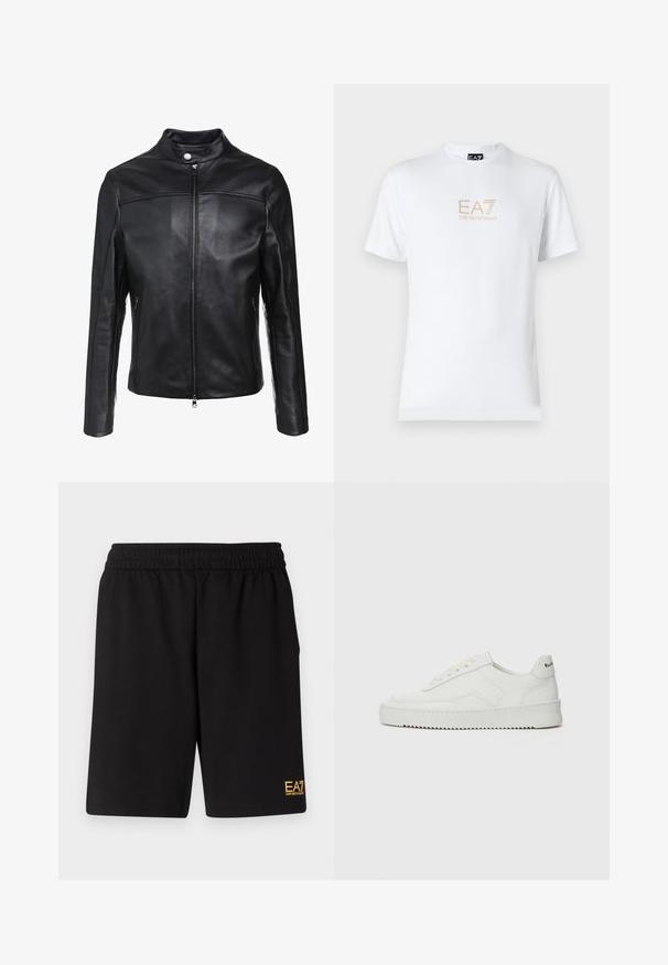 Zwarte leren jack met een staande kraag, voorrits en twee zijzakken. Gladde textuur met off-center naadaccenten.; Witte katoenen t-shirt met een ronde halslijn en korte mouwen, voorzien van een gouden EA7 Emporio Armani-logo op de voorkant.; Zwarte sportshorts van zacht materiaal, met een elastische tailleband en een klein geel EA7-logo op de onderste linkeronderbroek.; Witte leren sneaker met een gladde afwerking, ronde neus, platte veters en een gestructureerde zool. Kenmerkt zich door een subtiel logo op de hiel.