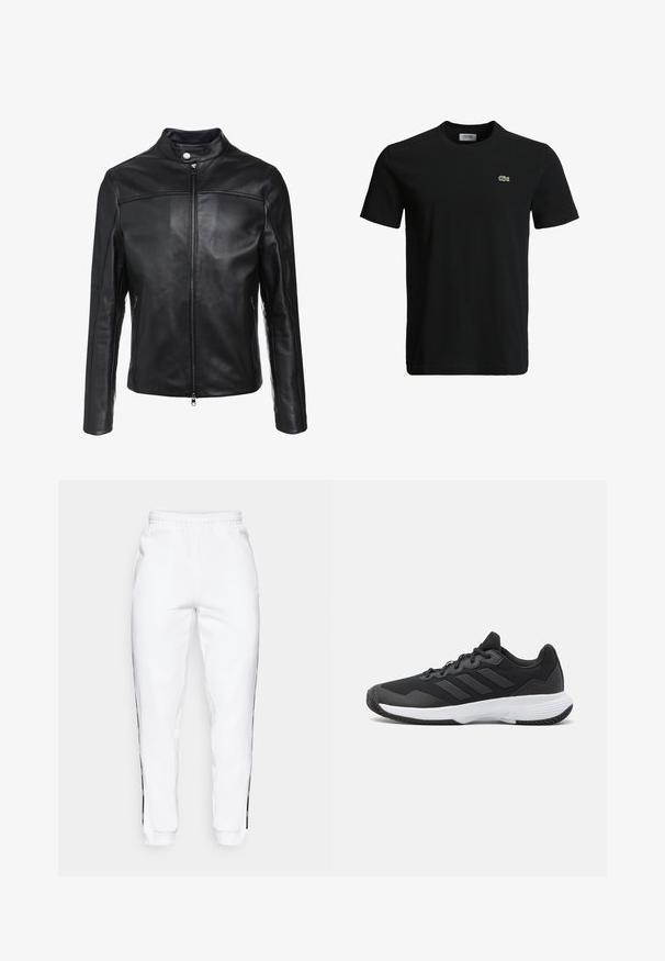 Čierna kožená bunda so stojačikom, predným zipsom a dvoma bočnými vreckami. Hladká štruktúra s off-center švovými akcentmi.; Čierne bavlnené tričko s okrúhlym výstrihom, krátkymi rukávmi a malým zeleným logo krokodíla na ľavej hrudi. Hladká textúra, ležérny dizajn.; Biele teplákové nohavice s elastickým pásom, s čiernymi bočnými pruhmi a manžetami. Vyrobené z mäkkej tkaniny s hladkým povrchom.; Čierna atletická topánka s textúrovaným zvrškom, s tromi horizontálnymi pruhmi a bielou podrážkou s vzorovaným profilom. Ľahký a aerodynamický dizajn.