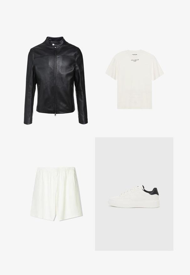 Zwarte leren jack met een staande kraag, voorrits en twee zijzakken. Gladde textuur met off-center naadaccenten.; Off-white katoenen t-shirt met korte mouwen en een losse pasvorm. Bevat een klein zwart tekstlogo op de borst. Soepele textuur.; Lichtbeige shorts met een elastische tailleband, twee zijzakken en een rechte pijpdesign. Gemaakt van een zachte, ademende stof.; Witte leren sneaker met een reliëfpatroon, textuur van de witte tussenzool en een zwarte hielaccent. Heeft een ronde neus en platte veters.