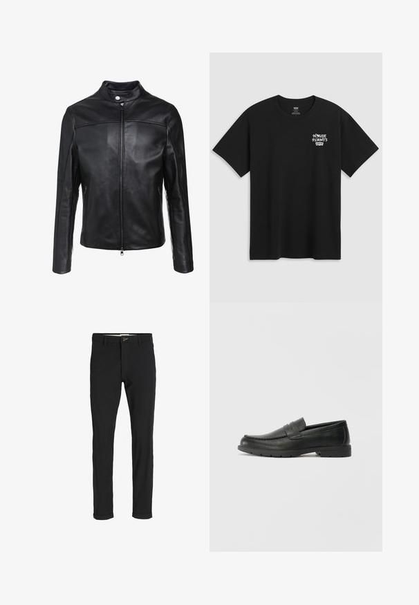 Schwarze Lederjacke mit Stehkragen, Frontreißverschluss und zwei seitlichen Taschen. Glatte Textur mit versetzten Nähten.; Schwarzes Baumwoll-T-Shirt mit einem Brustdruck, der in einer weißen, stilisierten Schrift "HAUSPFLANZEN" und darunter "Levi's" zeigt. Klassischer Rundhalsausschnitt.; Schwarze Baumwollmischungshose mit schmalem Schnitt, gekennzeichnet durch einen Knopfverschluss, Taschen und umgeschlagenen Säumen für einen lässigen Abschluss.; Schwarze Lederloafers mit glatter Oberfläche, Mokassin-oberteil, genähten Details und Gummisohle. Klassisches Design mit niedrigem Absatz.