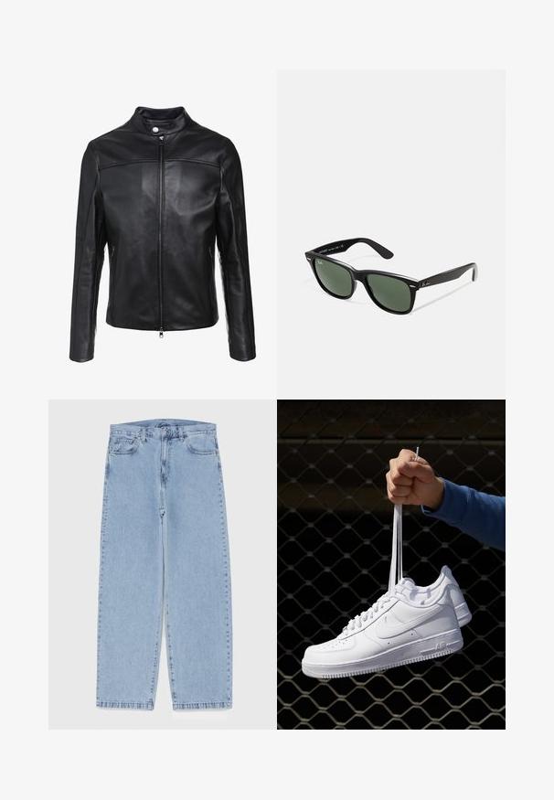 Zwarte leren jack met een staande kraag, voorrits en twee zijzakken. Gladde textuur met off-center naadaccenten.; Witte katoenen tanktop met een ronde halslijn, brede schouderbanden en een rechte zoom, met een gladde textuur en zonder zichtbare patronen.; Lichtblauwe denim jeans met een recht model, voorzien van een middelhoge taille, vijf zakken en een knoop- en ritssluiting.; Witte leren sneakers met perforaties, ronde neus, vlakke zool en dikke veters, met een zichtbare swoosh-logo en "AIR" op de hiel.; Zwarte plastic zonnebril met groene lenzen, vierkante montuur, zilveren accent op de wenkbrauw en een gestructureerde tempel. Merken vermeld op de binnenkant van de arm.