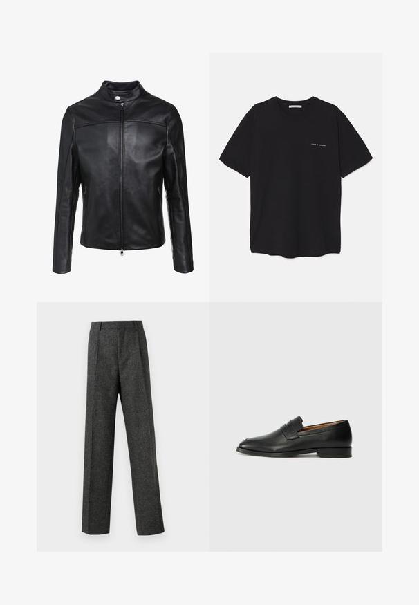Svart läderjacka med ståkrage, framdragkedja och två sidofickor. Slät textur med snedställda sömmar.; Svart bomull T-shirt med rund hals, korta ärmar och vit logotryck på vänster bröst. Enkel, enfärgad design.; Grå skräddarsydda byxor i texturerat tyg, med två framvikningar och rak bendesign. Inga synliga fickor eller utsmyckningar.; Svart läderloafersko med rund tå, subtila sömnadsdetaljer och låg klack, med en jämn yta och minimalistisk design.