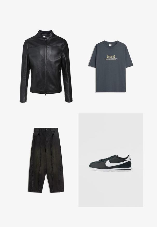 Fekete bőrkabát állógallérral, elülső cipzárral és két oldalsó zsebbel. Simaság jellemzi, aszimmetrikus varrási részletekkel.; Sötét szürke pamut póló rövid ujjakkal, kerek nyakkivágással, díszes betűtípussal és babérlevelet ábrázoló sárga szöveggel.; Fekete, bőszárú farmernadrág, látható varrásokkal és rojtos szélekkel, két első zsebbel és magas derekú fazonnal.; Fekete és sötétzöld Nike sportcipők, fehér Swoosh logóval, texturált velúr részletekkel, sima felső részel és fehér gumitalppal.