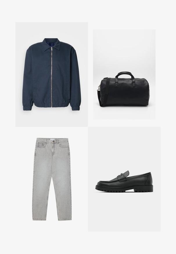 Tumedat sinise värvi pommitaja jope, millel on lukuga esiosa, seisev kaelus, küljetaskud, elastsed mansetid ja sile kangas.; Kaks lühikeste varrukatega särki: üks ühtlane must, teine valge mustade vertikaalsete triipudega. Mõlemal on nööbiga kinnitamine ja klassikaline krae.; Heledad hallide denimpüksid otse säärekujundusega, viie-taskulise stiliseerimise ja nupukinnitusega. Nähtav õmblus kõrvuti.; Mustad musta nahast loafers, millel on ümar varvas, tikandiga disain, madal platvorm-soon ja tekstureeritud, soonikkummist välistald.; Must musta käsnaga valmistatud tekstureeritud sünteetilisest materjalist. Omab kahte käepidet ja reguleeritavat õlavarre rihma. Lihtne disain ilma nähtavate mustriteta.