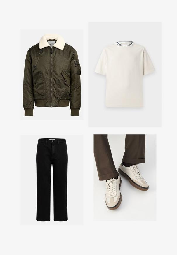 Oliivroheline pommertagi, millel on kreemjas faux shearling krae, lukuga esiosa ja mitmed taskud eristuvate nurgeliste disainidega.; Kreemivärvi puuvillane T-särk lühikeste varrukatega, ümmarguse kaeluse ja mereteemalise sinise ja valge triibuga. Sile tekstuur, mugav lõike.; Mustad denim püksid sirge jala kujundiga, klassikaline viie tasku disain ja nööbid kinniuisutamisel. Sile tekstuur ja vastupidav kangas.; Bežid spordijalised, millel on tekstuuriga suede esiosa, siledast nahast küljed ja pruun kummitald. Lisatud on paelad ja heledad õmbluse detailid.