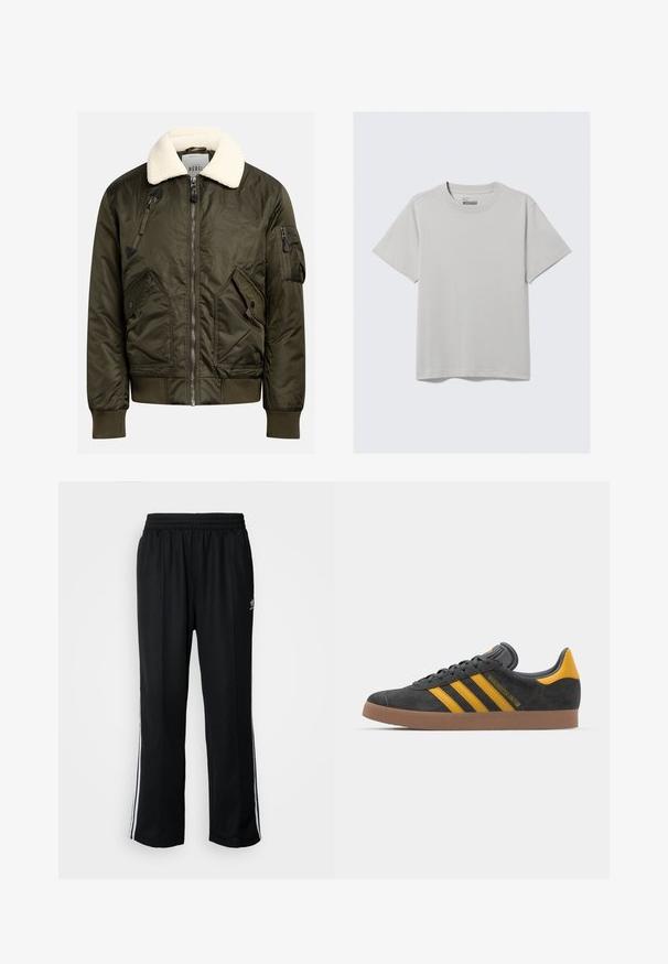 Olivgrüne Bomberjacke mit einem cremefarbenen Kunstpelzkragen, Reißverschlussfront und mehreren Taschen mit auffälligen, markanten Designs.; Helles graues Baumwoll-T-Shirt mit Rundhalsausschnitt und kurzen Ärmeln, das ein minimalistisches Design und eine lockere Passform aufweist. Keine Muster oder Akzente.; Schwarze Sporthosen mit elastischem Bund, ausgestattet mit weißen Seitenstreifen und einem kleinen Logo. Das Material wirkt weich und leicht.; Schwarze Wildledersneaker mit gelben Akzenten, ausgestattet mit drei Streifen und einer braunen Gummisohle. Enthält eine gepolsterte Zunge für zusätzlichen Komfort.