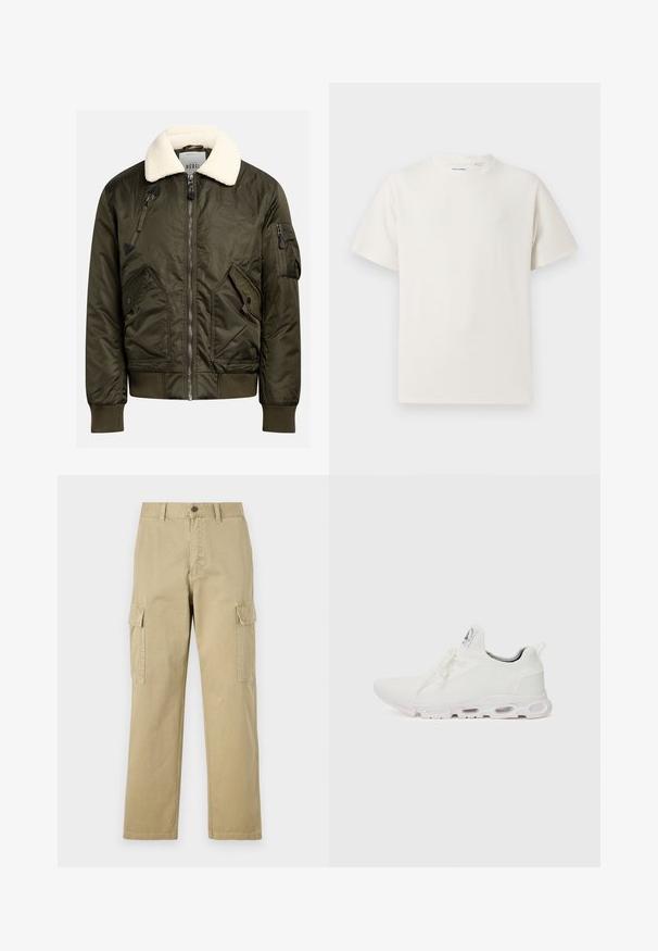 Olivgrüne Bomberjacke mit einem cremefarbenen Kunstpelzkragen, Reißverschlussfront und mehreren Taschen mit auffälligen, markanten Designs.; Weißes T-Shirt mit kurzen Ärmeln in gerippter Textur. Runder Ausschnitt, lockere Passform, keine sichtbaren Muster oder Akzente. Einfaches und vielseitiges Design.; Beige Cargo-Hosen aus Baumwolle, mit zwei Seitentaschen, einem Knopfverschluss und geraden Beinen aus einem leicht strukturierten Stoff.; Weiße Sportschuhe mit einem strukturierten Strickobermaterial, flachen Schnürsenkeln und einer gepolsterten Sohle mit sichtbaren Luftkammern für zusätzlichen Halt.