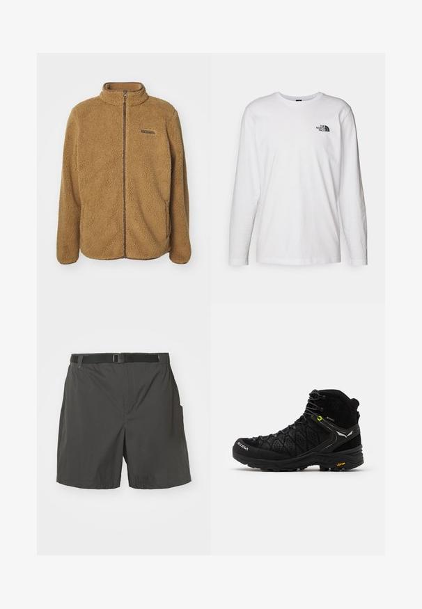 Chaqueta de forro polar marrón con cuello alto, cremallera de longitud completa y detalles en marrón contrastante. Presenta un pequeño logotipo en la parte superior izquierda.; Camiseta de manga larga blanca de algodón con cuello redondo. Presenta un pequeño logotipo negro en el pecho. Textura suave, corte regular.; Pantalones cortos negros hechos de un material suave y ligero. Cuentan con un cinturón ajustable, bolsillos laterales y un diseño simple y sin embellishments.; Bota de senderismo negra con parte superior texturizada, puntera reforzada y suela Vibram. El sistema de cordones incluye ganchos para un ajuste seguro.