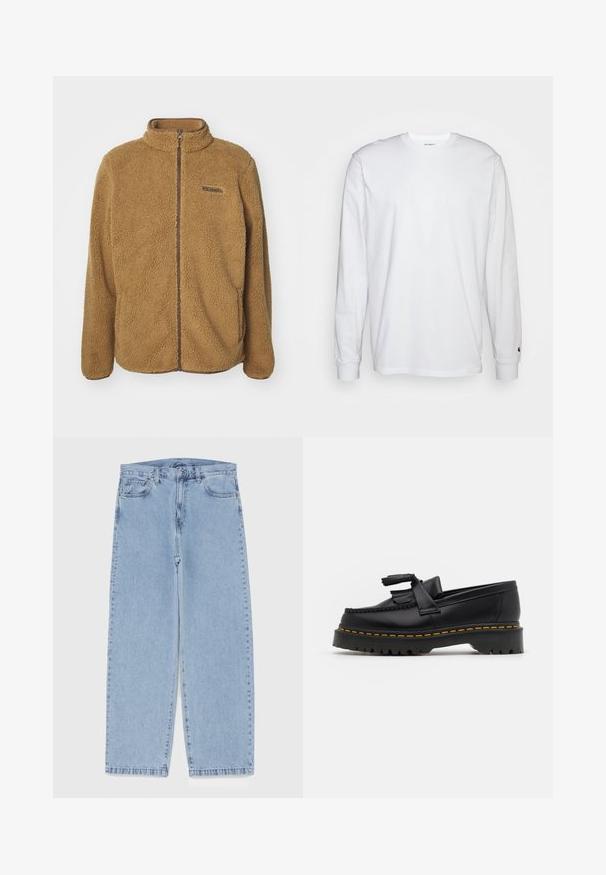 Brązowa kurtka polarowa z wysokim kołnierzem, długim zamkiem błyskawicznym i kontrastowymi brązowymi wykończeniami. Ma małe logo po lewej stronie u góry.; Biała, długospełna koszulka wykonana z bawełny. Klasyczny krój z okrągłym dekoltem, ściągaczami na rękawach oraz małym logiem na lewym rękawie. Gładka tekstura.; Jasnoniebieskie dżinsy o prostym kroju nogawki, z średnim stanem, pięcioma kieszeniami oraz zapięciem na guzik i zamek błyskawiczny.; Czarny skórzany mokasyn z frędzelkowymi akcentami, z masywną czarną podeszwą i żółtym przeszyciem wzdłuż krawędzi. Teksturowane wykończenie.