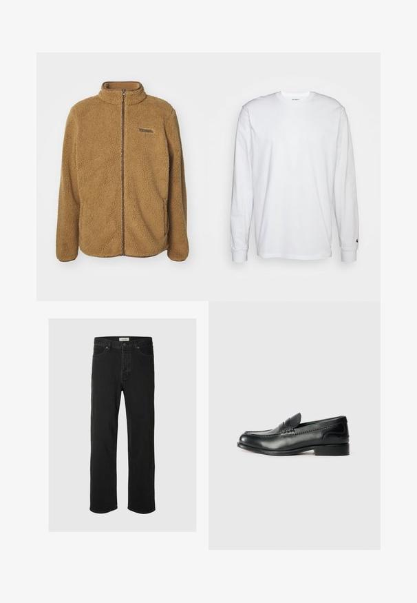 Ruda vilnos striukė su aukštu apykakle, pilno ilgio užtrauktuku ir kontrastingais rudais akcentais. Turinti mažą logotipą kairėje viršutinėje pusėje.; Balta, ilga rankovė T-maiša, pagaminta iš medvilnės. Apvalios iškirptės dizainas su raukiniais ant rankovių ir nedidelis logotipas ant kairės rankovės. Glotni tekstūra.; Juodos džinsinės tiesaus silueto kelnės turi klasiką penkių kišenių dizainą su mygtukų uždarymu, minimaliais siūlais ir minkšta tekstūra.; Juodos odinės loafer tipo bateliai su lygiu paviršiumi, siuvinėjimu per priekį ir šiek tiek pakelta pakulne.