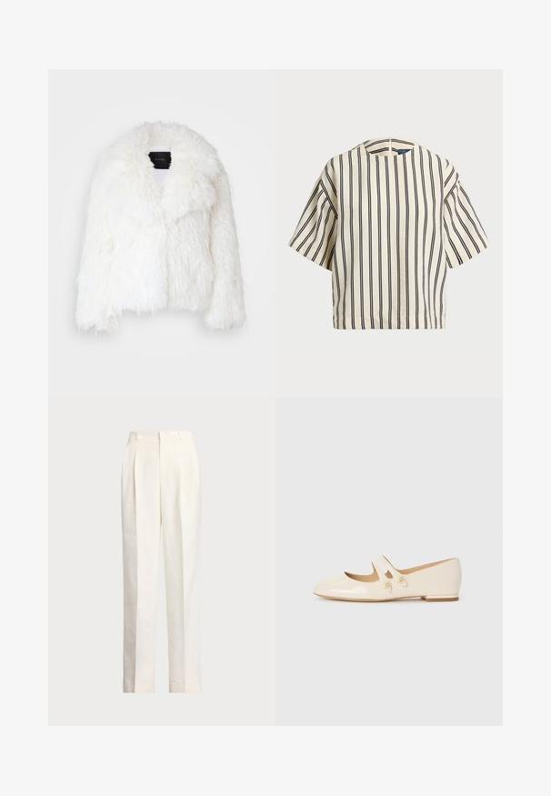 Bela umetna krznena jakna skrajšane dolžine s širokim ovratnikom, teksturirano površino in ohlapnim krojem. Ima črno blagovno oznako znotraj.; Kratek rokav, prugast top v kremni in mornarsko modri barvi, z okroglim izrezom in kvadratnim dizajnom ter teksturirano tkanino.; Polo Ralph Lauren HEMP WIDE LEG PANT - Hlače - nevis; Ivory patent usnjeni baletni čevlji s dvema dekorativnima trakama in zlatimi gumbi, z zaobljenim prstom in nizko blok peto.