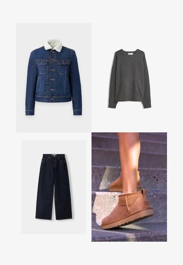 Jeansová bunda v tmavě modré barvě s límcem z umělé kožešiny. Obsahuje přední kapsy, zapínání na knoflíky a viditelné švy. Klasický design.; Šedý pletený svetr s širokým výstřihem, dlouhými rukávy a žebrovanými manžetami. Tkanina se zdá být měkká s jemnou texturou a volným střihem.; Tmavě modré džíny s širokými nohavicemi a vysokým pasem, pěti kapsami, kontrastním šitím a stříbrnými kovovými detaily. Hladká struktura a čisté provedení.; Světlé semišové kotníkové boty s měkkou strukturou, prošívanými detaily a gumovou podrážkou, s okrouhlým podpatkem pro snadné obouvání.