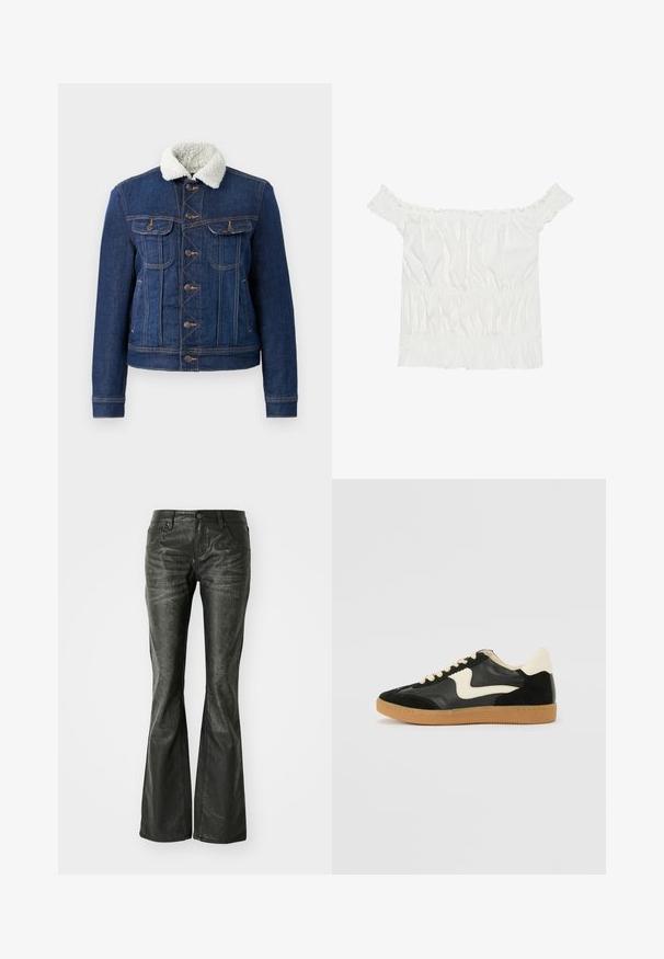 Jeansová bunda v tmavě modré barvě s límcem z umělé kožešiny. Obsahuje přední kapsy, zapínání na knoflíky a viditelné švy. Klasický design.; Bílý top s odhalenými rameny, s volánkovými detaily, nařasenou texturou a elastickým pasem. Vyrobeno z měkké bavlněné tkaniny.; Černé kožené zvonové džíny s předními kapsami, kovovým zapínáním a mírně texturovaným povrchem. Rovný střih s dlouhým zakončením.; Černé semišové a kožené tenisky s krémovým postranním swooshem a světlým krémovým podpatkem. Mají béžové tkaničky a podešev z gumové pryže.