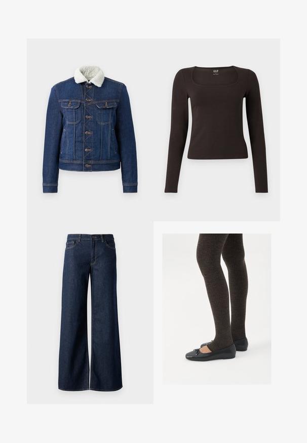 Casaco de ganga em azul escuro com colarinho de peluche sintético. Apresenta bolsos frontais, fecho de botão e costuras visíveis. Design clássico.; Top preto de mangas longas, ajustado, com decote quadrado, da marca GAP, exibido sobre um fundo branco.; Jeans de perna larga em denim azul escuro. Apresenta costura em contraste, cinco bolsos e um fecho de botão na cintura. Textura lisa.; Sapatos planos pretos com um pequeno laço na ponta, emparelhados com meias-calças caneladas castanhas escuras. Os sapatos têm uma textura suave e um design discretamente baixo.