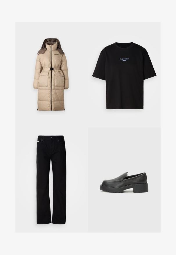 KARL LAGERFELD REVERSIBLE LONG  - Manteau en duvet - light beige/dark beige; T-shirt en coton noir avec un col rond, des manches courtes et un logo brodé bleu "Calvin Klein JEANS" sur le devant.; Pantalons en denim noir à jambes droites avec cinq poches, rivets en argent et braguette à bouton. Le tissu a une finition lisse et légèrement texturée.; Mocassins en cuir noir avec un bout arrondi, une semelle épaisse et texturée, et des détails de couture minimalistes. Design épuré sans lacets ni métal visibles.