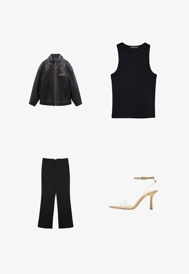 Mango NAPOLI - Jacka i konstläder - brown; Svart linne i bomull, med rund halsringning och breda armhål. Slät yta med sydda fållar. Klassisk, minimalistisk design.; Svarta byxor med rak passform, utrustade med framfickor och sidoklyvningar vid fållen. Tillverkade av mjukt, slätt tyg. Lämpliga för olika tillfällen.; Klart häl sandal med en transparent ovandel, beige fotbädd och en smal ankelrem. Har en spetsig tå och en tunn hög klack.