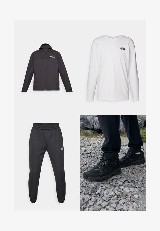 Giacca impermeabile nera con zip frontale, cappuccio regolabile e polsini elasticizzati. Presenta un logo sul lato sinistro del petto e una superficie liscia.; T-shirt bianco a maniche lunghe in cotone con colletto rotondo. Presenta un piccolo logo nero sul petto. Texture liscia, vestibilità regolare.; Pantaloni sportivi neri con vita regolabile tramitecordino, vestibilità affusolata, polsini elasticizzati e un piccolo logo bianco sulla coscia sinistra, realizzati in tessuto morbido.; Scarpe da esterni nere realizzate in mesh e materiale sintetico, con una parte superiore testurizzata, un sistema di allacciatura sicuro e una suola robusta, su terreno roccioso.