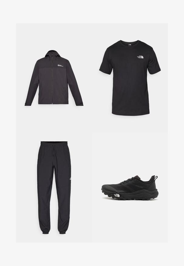 Veste imperméable noire avec fermeture éclair à l'avant, capuche ajustable et poignets élastiques. Présente un logo sur la poitrine gauche et une texture lisse.; T-shirt noir à manches courtes en coton, avec un col rond et un petit logo blanc sur le côté supérieur gauche de la poitrine.; Pantalon de sport noir en tissu léger, avec une taille à cordon, des poches latérales et des chevilles resserrées.; Chaussure de trail running noire avec une tige texturée, semelle en caoutchouc et bout renforcé. Présente un col rembourré et une tirette pour un enfilage facile.