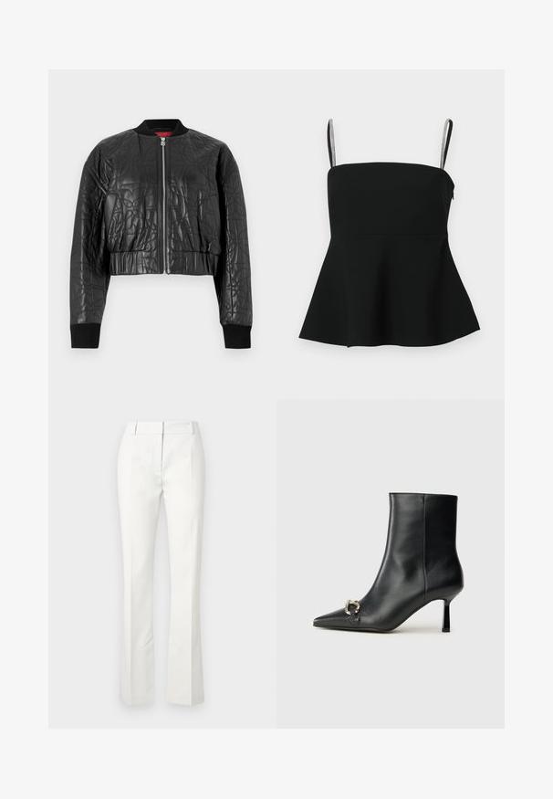 Zwarte bomberjack van geborduurd leer. Heeft een rits aan de voorkant, ribbelmanchetten en een cropped ontwerp met subtiele geperste patronen.; Zwarte peplumtop met dunne verstelbare bandjes en zilveren accenten. Gemaakt van gladde stof, met een aansluitend lijfje en uitlopende zoom.; Witte op maat gemaakte broek met een uitlopende onderkant, met voorplooien en een gladde textuur, gemaakt van een lichtgewicht stof.; Zwarte leren enkelboot met spitse neus, slanke middenhoge hak en zilveren gespdetail aan de zijkant op een effen achtergrond.