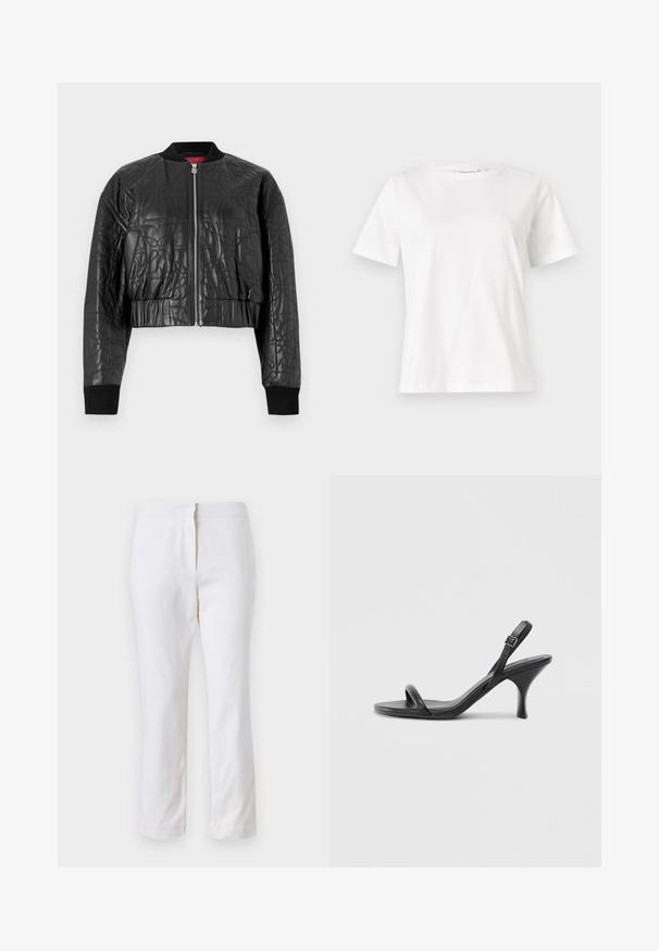 Melnā aviatoru jaka, izgatavota no quiltētas ādas. Ir rāvējslēdzēja priekšpuse, ribotas aproces un īsā dizaina ar smalkiem reljefiem rakstiem.; Baltas kokvilnas T-krekls ar īsām piedurknēm, apaļu kakla izgriezumu un brīvu piegriezumu. Gluda tekstūra, bez rakstiem vai akcentiem, minimālistisks dizains.; Baltas kokvilnas bikses ar taisnu kāju dizainu, ar vidēju augstumu un bez redzamām detaļām vai rakstiem. Visā virsmā ir gluda tekstūra.; Melnas ādas augstpapēžu sandales ar plānu, izliekta formas papēdi un krustenisku siksnu dizainu. Regulējama potītes siksna. Gluda tekstūra.