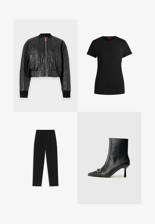 Giacca bomber nera realizzata in pelle trapuntata. Caratterizzata da una chiusura con zip frontale, polsini a coste e un design corto con sottili motivi in rilievo.; T-shirt in cotone nero con maniche corte arrotolate, scollatura rotonda e etichetta rossa. Texture liscia, forma aderente con dettagli minimi.; Pantaloni neri a taglio dritto, con doppie pieghe, una texture liscia e un design classico in vita. Nessun hardware o dettaglio visibile.; Stivale alla caviglia in pelle nera con punta affusolata, tacco sottile di media altezza e dettaglio in fibbia argentata sul lato, su sfondo semplice.