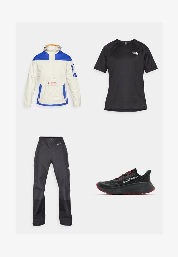 Baltas anorakas su mėlynais akcentais, užtrauktuko kišenė ant rankovės ir logotipas priekyje. Su gobtuvu ir raišteliu.; Juoda trumpa rankovė atletinė marškinė, pagaminta iš tekstūruotos medžiagos, su baltu logotipu kairėje krūtinės pusėje ir tiesiu apdailos kraštu.; Juodos vandeniui atsparios kelnės su lygiu paviršiumi, su GORE-TEX logotipu priekyje ir sustiprintomis apačiomis dėl ilgaamžiškumo.; Juodas sportinis batelis su tekstūruota viršutine dalimi, raudonais raišteliais ir logotipu. Storas padas su raštuotu protektoriu traukai. Minimalistinis dizainas, šoninis vaizdas.