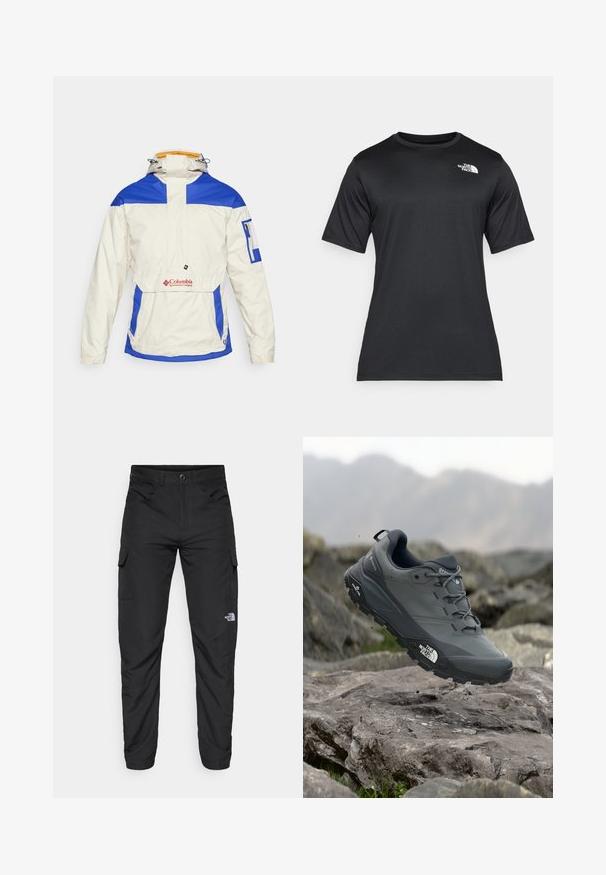 White anorak jacket featuring blue accents, a zippered pocket on the sleeve, and a logo on the front. Hooded with drawstring closure.; Black short-sleeve t-shirt made of lightweight, moisture-wicking fabric. Features a white logo on the left chest and a crew neckline.; The North Face HORIZON PANT - Outdoor trousers - black; Grey trail running shoe with a textured upper, durable rubber sole, and reinforced toe cap. Features laces and brand logo on the side.