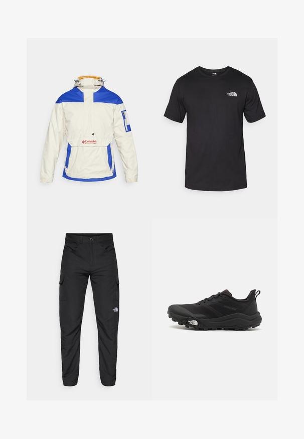 Fehér anorák dzseki kék részletekkel, cipzáras zsebbel az ujján és logóval az elején. Kapucnis, állítható zsinórral.; Fekete rövidujjú pamut póló, kerek nyakkivágással, a bal felső mellkason egy kis fehér logóval.; The North Face HORIZON PANT - Szabadtéri nadrágok - black; Fekete terepfutó cipő, textúrált felső résszel, gumitalppal és megerősített lábujjrészével. Párnázott bokarésszel és húzófüllel rendelkezik a könnyű felhúzáshoz.