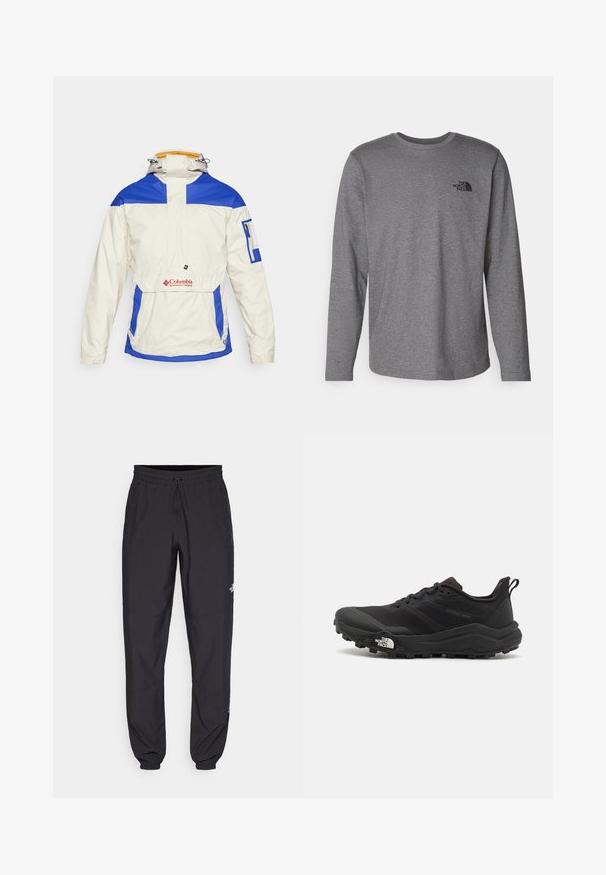 Bílý anorak s modrými akcenty, zipovou kapsou na rukávu a logem na přední straně. S kapucí a stažením pomocí šňůrky.; The North Face M L/S SIMPLE DOME TEE - Top s dlouhým rukávem - medium grey heather; Černé sportovní kalhoty vyrobené z lehké tkaniny, s páskem na šňůrku, bočními kapsami a zúženými manžetami na kotnících.; Černé trailové běžecké boty s texturovaným svrškem, gumovou podrážkou a vyztuženou špičkou. Obsahují polstrovaný límec a poutko pro snadné obouvání.