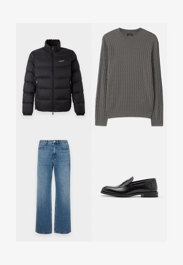 Juodas pūkinis švarkas su aukštu kaklu, turintis priekinį užtrauktuką ir dvi šonines kišenes. Lengvai siuvinėta medžiaga su prekės ženklu krūtinėje.; Armani Exchange Džemperis - dark gull zig zag; Platus blaujos džinsai, pagaminti iš dėvėtos džinsinio audinio. Sukurtas su penkiomis kišenėmis, priekiniais sagčių uždarymu ir tiesiu kirpimu.; Juodos odinės loafers, turinčios lygų paviršių, apvalią noselę ir dekoratyvinę juostą per priekinę dalį. Žemas krentantis kulnas, minimalistinis dizainas.