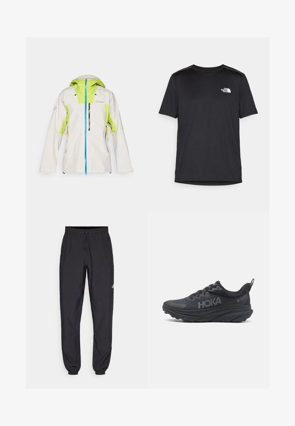 Berghaus RIDGE SEEKER - Vodotesná bunda - stone/spark; Čierne tričko s krátkym rukávom vyrobené z ľahkej tkaniny. Obsahuje malé biele logo na ľavej hrudi a jemné akcenty na pleciach.; Čierne športové nohavice vyrobené z ľahkej tkaniny, s elastickým pásom na šnurovanie, bočnými vreckami a zúženými manžetami na členkoch.; Čierne bežecké topánky Hoka s vrchným materiálom z mesh, textúrovanými detailmi a hrubou, polstrovanou podrážkou so zúženými okrajmi pre lepšiu podporu.