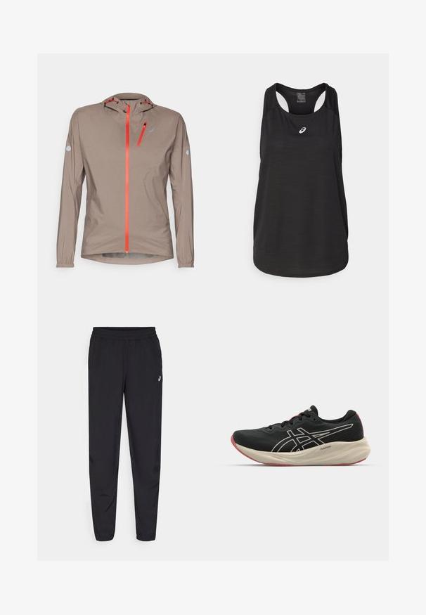Ľahká béžová bunda s priliehavou kapucňou; má jasne oranžové zipsy a akcenty, elastické manžety a aerodynamický dizajn.; Čierny športový top na ramienka vyrobený z ľahkého materiálu. Má okrúhly výstrih, dizajn s prekríženými ramienkami a malú bielu značku na prednej strane.; Čierne športové nohavice s elastickým pásom, zúženými nohavicami so zátkami, vyrobené z ľahkého, hladkého materiálu, a malým logom na stehne.; Čierna bežecká obuv s vrchnou časťou z mriežky a bielymi akcentmi. Obsahuje vyžarovaný stredný podrážku a červené detaily na podrážke. Ľahká konštrukcia.