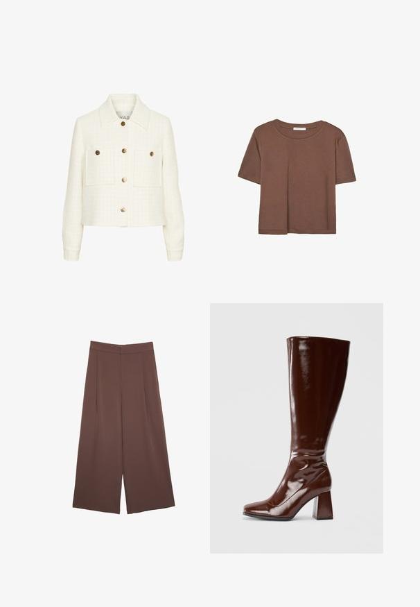 Gekürzte weiße Jacke aus strukturiertem Stoff mit goldenen Knöpfen, zwei Taschen vorne und klassischem Kragen. Merkmale eines karierten Musters.; Braunes, kurzärmliges T-Shirt aus weichem Material mit rundem Halsausschnitt und lockerer Passform. Keine sichtbaren Muster oder Akzente.; Braune Weite-Leg-Hosen mit einer glatten Textur, hoher Taille und Vorderfalten. Der Stoff ist leicht und fällt locker.; Knöchelhohe braune Lacklederstiefel mit quadratischer Spitze, glänzender Oberfläche und stabilen Blockabsätzen. Nahtloses Design ohne sichtbare Beschläge.