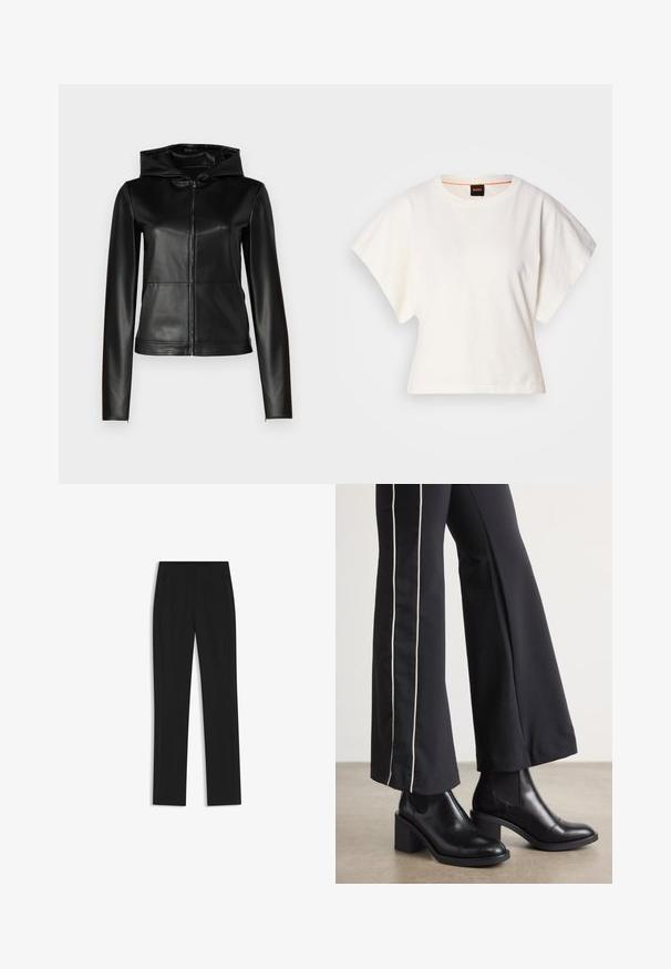 2nd Day KULA - Faux leather jacket - meteorite black; White cropped T-shirt, short wide sleeves, soft cotton material, round neckline with subtle orange trim, minimal design, no patterns or graphics.; Black tailored trousers with a straight-leg design, featuring front pockets and a smooth, textured fabric. Neat, minimal detailing.; Black leather ankle boots with a block heel, featuring elastic side panels. Paired with black pants that have a white side stripe.