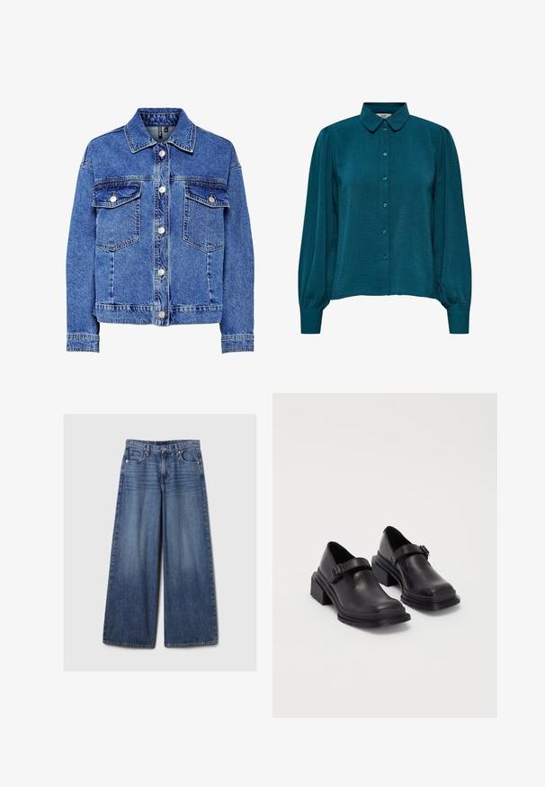 Vaaleansininen farkkutakki pitkillä hihoilla, napitus edessä ja kaksi rintataskua. Ominaisuuksiin kuuluu kontrastivärinen ommel ja klassinen kauluskone.; Teal-paita, jossa on kauluspääntie, napitus edessä ja pitkät hihat. Valmistettu tekstuurisesta kankaasta, jossa on kerätty hihansuu.; Vaaleansiniset, leveälahkeiset farkut, joissa on haalistunut viimeistely. Ne sisältävät napin ja vetskarin, viisi taskua sekä vyölenkit.; Mustat nahkakengät, joissa on pyöreä varvas, litteä pohja ja soljellinen hihna. Paksu lohkopohja lisää vakautta.