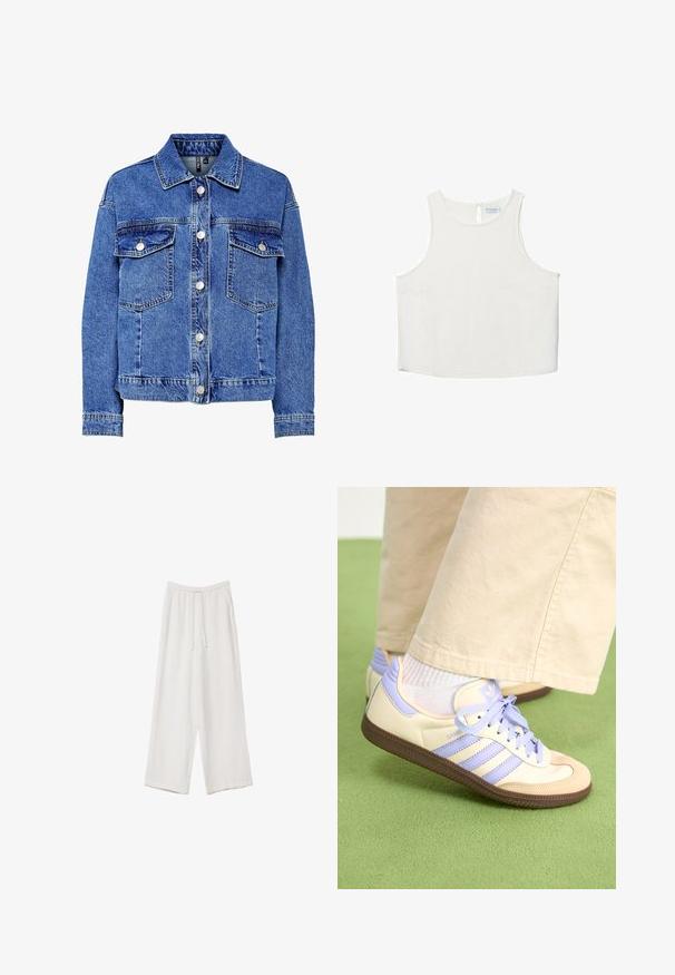 Denim jakna u svijetloplavoj boji s dugim rukavima, kopčanjem sprijeda na gumbe i dva džepa na prsima. Ima kontrastne šavove i klasičan dizajn ovratnika.; Bijela bezrukavna majica s okruglim izrezom, koja ima suptilnu teksturu, detalj u obliku ključa na leđima i ravni rub.; Bijele hlače širokih nogavica napravljene od lagane tkanine. Imaju elastičan pojas s ušicom i bočne džepove. Glatka tekstura.; Kremasto-ljubičaste tenisice s tri pruge i strukturiranim smeškim potplatom, s vezicama i podstavljenim petom. Mekana gornja tkanina.