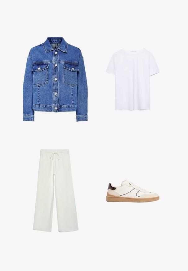 Denim jakna u svijetloplavoj boji s dugim rukavima, kopčanjem sprijeda na gumbe i dva džepa na prsima. Ima kontrastne šavove i klasičan dizajn ovratnika.; Jednostavna bijela majica kratkih rukava s okruglim izrezom i ravnim rubom, prikazana na bijeloj pozadini.; Bijele hlače širokog kroja od mekog materijala. Imaju elastični pojas s vezicom i glatku teksturu. Nema vidljivih uzoraka ili metalnih dijelova.; Stradivarius Tenisice - white