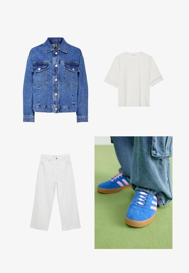 Denim jakna u svijetloplavoj boji s dugim rukavima, kopčanjem sprijeda na gumbe i dva džepa na prsima. Ima kontrastne šavove i klasičan dizajn ovratnika.; Bjela majica kratkih rukava od pamuka, s dekorativnom čipkastom obrubom duž rukava i okruglim izrezom.; Bijele široke traperice s visokim strukom, s pet džepova i metalnim detaljima. Glatka tekstura, bez vidljivih uzoraka.; Plave zamšne cipele s ružičastim prugama i bijelim vezicama, s gumenim potplatom, u kombinaciji s širokim trapericama na zelenoj podlozi.