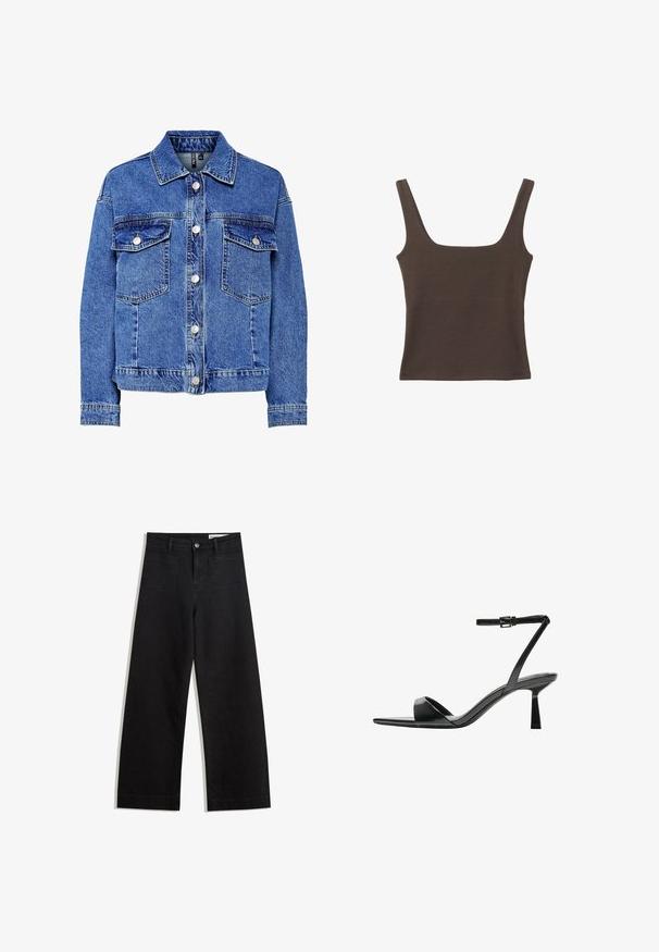 Denimjacka i ljusblått med långa ärmar, knäppning fram och två bröstfickor. Har kontrasterande sömmar och klassisk kragsdesign.; Brun ärmlös topp med fyrkantig halsringning, tillverkad av mjukt, elastiskt tyg. Har en figurnära design och plana sömmar.; Svarta vida denimbyxor med hög midja, med fram- och bakfickor, sydda sömmar och knappstängning. Slät textur.; Bershka Sandaletter - black