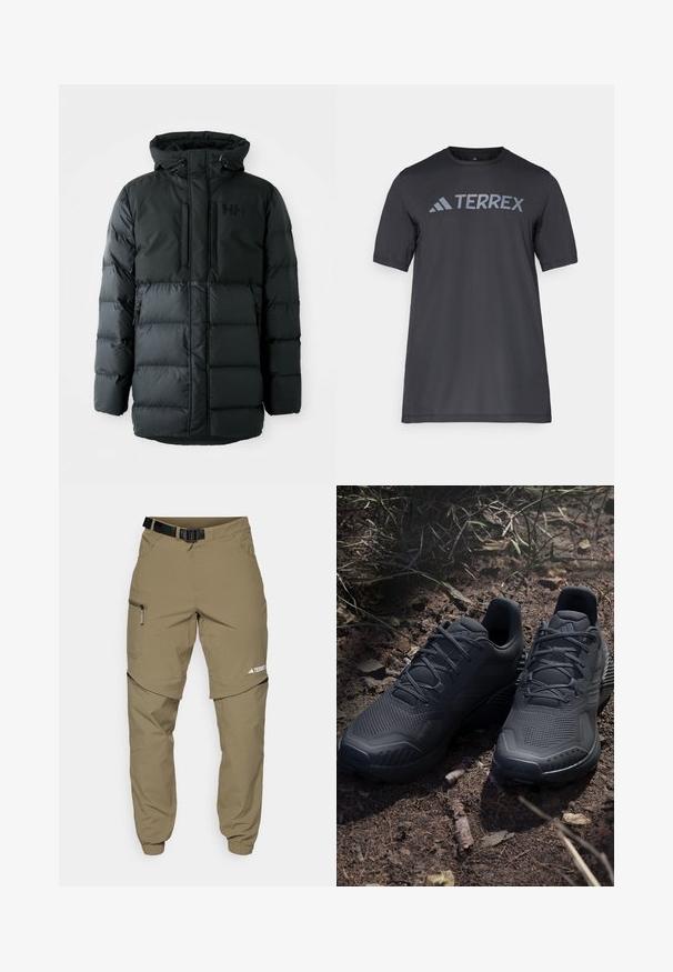 Black puffer jacket with a zip front, adjustable hood, and two zippered pockets. Features a quilted texture and branding on the chest.; Black short-sleeve t-shirt made of lightweight fabric, featuring a light gray “TERREX” logo across the chest and a crew neckline.; Khaki outdoor pants with a adjustable black belt, zippered pockets, tapered cuffs, and detachable lower legs for versatile styling.; Black athletic shoes with a textured knit upper, reinforced toe, and cushioned sole, displayed on earthy ground with scattered twigs.