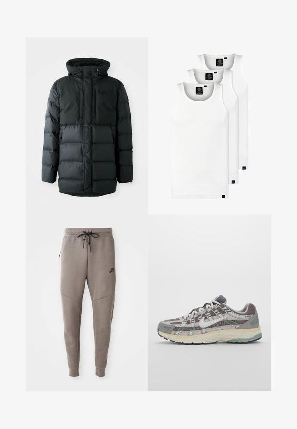 Schwarze Pufferjacke mit Frontreißverschluss, verstellbarem Kapuze und zwei Reißverschlusstaschen. Ausgestattet mit einem gesteppten Textur und Branding auf der Brust.; Drei weiße, gerippte Tanktops aus Baumwolle. Merkmale einen Rundhalsausschnitt und kleine schwarze Etiketten am Saum. In mehreren Größen erhältlich.; Graue Nike-Sweatpants mit einem Kordelzugbund, schmal zulaufenden Beinen, seitlichen Taschen und auffälliger Nahtgestaltung. Weicher, strukturiert Stoff.; Grauer Sportschuh mit einem Obermaterial aus Mesh und Wildleder, weißen Akzenten, einer gepolsterten Sohle und einem charakteristischen Design mit reflektierenden Elementen.