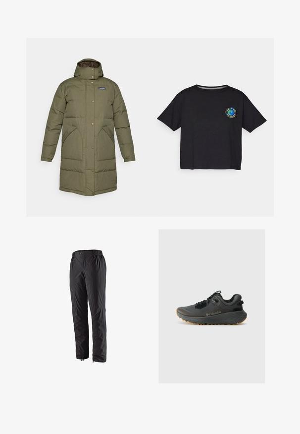 Duga maslinasto zelena zimska jakna s kapuljačom, zatvaranje na drukere, dva koso postavljena prednja džepa i Patagonia logo na prsima.; Crna pamučna majica s kratkim rukavima s okruglim višebojnim logotipom na prsima. Ravni rub i opušteni kroj.; Crne vodootporne hlače s elastičnom trakom u struku, bočnim zatvorenim džepovima, suženim nogavicama i glatkom teksturom. Pogodne za vanjske aktivnosti.; Columbia TERRASTRIDE CRZ - Obuća za pješačenje - shark/black