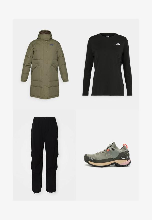 Long olive-green padded winter coat with hood, snap button closure, two angled front pockets, and Patagonia logo on the chest.; Black long-sleeve t-shirt made of cotton with a round neck. Features a small white logo on the left chest area. Simple design and fit.; Black outdoor pants made from durable material, featuring a relaxed fit, elastic waistband, and cinched cuffs for adjustable length.; Lightweight green hiking shoe with mesh and rubber materials, black traction outsole, pink and orange accents, and reinforced toe cap.