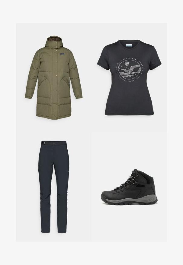 Hosszú, olívazöld, párnázott téli kabát kapucnival, patentos záródással, két ferde első zsebbel és Patagonia logóval a mellkasán.; Fekete Columbia póló fehér, kör alakú hegy és folyó vonalrajzzal, valamint a "Columbia Sportswear Company Outside Since 1938" felirattal.; Férfi kültéri nadrág, sötétszürke, rugalmas anyagból készült, övvel, cipzáros zsebekkel és megerősített varratokkal.; Fekete túracipő közepes magasságú kialakítással, texturált felsőrésszel, szürke részletekkel és strapabíró gumitalppal, amelynek tapadós kiemelkedései vannak.