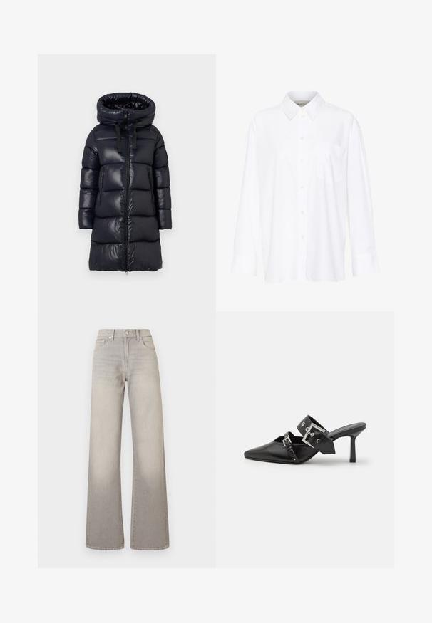 Črn napihnjen plašč z visokim ovratnikom, ki ima sijočo najlonsko zunanjost, dolge rokave, zadrgo in dva žepa z zadrgo na strani.; Bela dolga majica s kragnico iz bombaža. Ima gumbno zapenjanje spredaj in eno žep na prsih. Gladka tekstura, sproščen kroj.; Sive široke jeans hlače z utonulim zaključkom, z gumbom za zapiranje, petimi žepi in šiviljskim detajlom ob šivih.; Črne visoke mule s koničastim prstom, izdelane iz gladkega usnja. Imajo širok gleženjski trak s kvadratno srebrno zaponko in okraski.