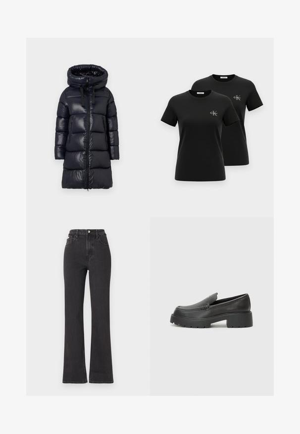 Black puffer coat with a high collar, featuring a shiny nylon exterior, long sleeves, zip closure, and two zippered side pockets.; Two black short-sleeve crewneck t-shirts with small grey "CK Calvin Klein" logos on the left chest, displayed on a white background.; Black high-waisted flared jeans made of denim, featuring a button closure, belt loops, and side pockets. Smooth texture with minimal fading.; Black leather loafers with a rounded toe, thick textured sole, and minimal stitching details. Sleek design with no visible laces or hardware.
