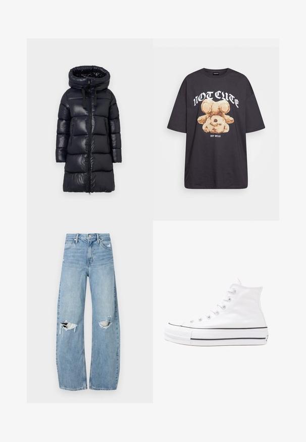 Cappotto imbottito nero con colletto alto, dotato di un esterno in nylon lucido, maniche lunghe, chiusura con zip e due tasche laterali con zip.; T-shirt nera oversize con una grafica di un orso e la scritta "NON CARINA MA SELVAGGIA" in grassetto, lettere bianche. Materiale in cotone.; Jeans azzurri chiari a vita alta realizzati in denim. Presentano gambe larghe, due aree strappate sulle ginocchia e il classico styling a cinque tasche.; Sneaker alta in tela bianca con suola in gomma nera, punta in gomma frontale e sei asole per i lacci, caratterizzata da un design pulito e minimalista.